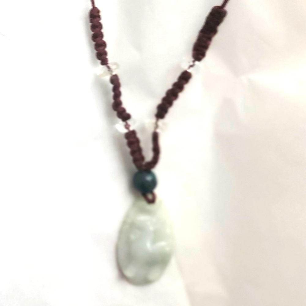 Vtg  Carved Jadeite Jade Goat  Zodiac Adjustable Woven Necklace